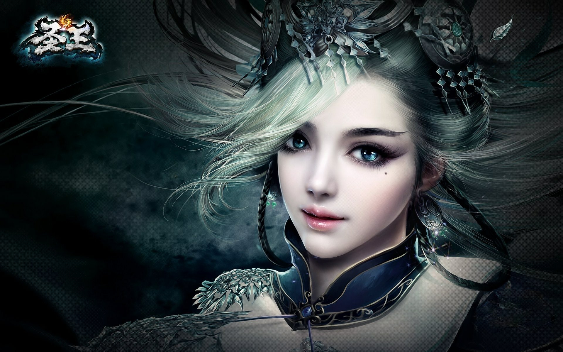 A stunning fantasy-themed HD desktop wallpaper featuring a woman with vibrant hair and striking blue eyes, set against a dark, mystical background.
