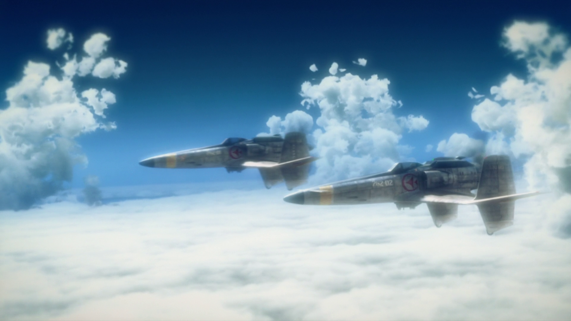 HD PC desktop wallpaper from the anime The Sky Crawlers, featuring two fighter jets flying above a sea of clouds under a clear blue sky.