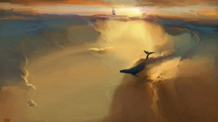 HD desktop wallpaper depicting a fantastical scene with a whale soaring above cloud-like ocean waves under a luminous sunset.