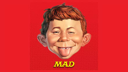 HD PC desktop wallpaper featuring the iconic MAD Magazine comic character with a red background and the bold yellow MAD logo below the grinning, tongue-out face.