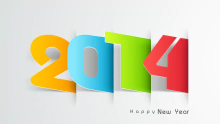 Colorful cut-paper 2014 numerals with Happy New Year on a clean white background — 4K Ultra HD New Year 2014 holiday PC desktop wallpaper.