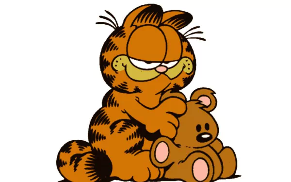 A playful Garfield, the iconic comic cat, sits contently while hugging a teddy bear, making for a charming HD PC desktop wallpaper and background.
