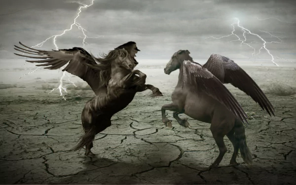 Two majestic winged pegasi stand on cracked earth, illuminated by dramatic lightning in the sky, depicting a powerful fantasy scene in high-definition.