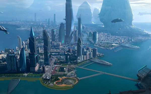 A stunning HD wallpaper from the video game Star Citizen, showcasing a futuristic cityscape with towering skyscrapers, water, and distant mountains under a vibrant sky.