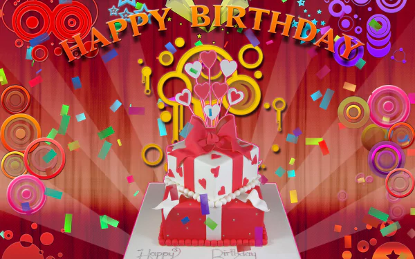 Vibrant HD desktop wallpaper featuring a festive birthday theme with a decorative cake, gifts, and colorful holiday graphics.