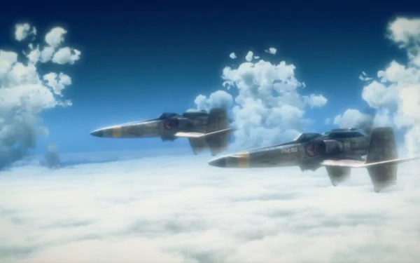 HD PC desktop wallpaper from the anime The Sky Crawlers, featuring two fighter jets flying above a sea of clouds under a clear blue sky.