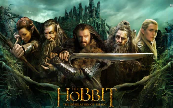 HD desktop wallpaper featuring key characters from the movie The Hobbit: An Unexpected Journey, set against a dark, misty fantasy landscape.