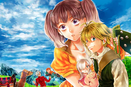 HD desktop wallpaper and background featuring characters from the anime The Seven Deadly Sins against a vibrant, scenic backdrop with a bright blue sky and lush green hills.