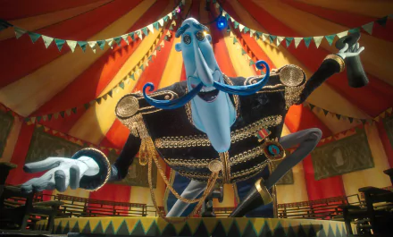 HD PC desktop wallpaper featuring a vibrant scene from the movie Coraline with a large blue character performing under a colorful circus tent.