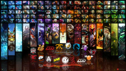 A vibrant HD desktop wallpaper showcasing characters and team logos from DotA 2, featuring a striking arrangement of heroes and the International tournament branding.