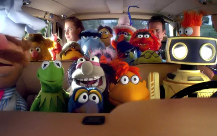 HD desktop wallpaper featuring a vibrant cast of The Muppets characters from The Muppet Show inside a car, capturing their playful and colorful personalities.
