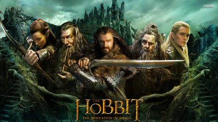 HD desktop wallpaper featuring key characters from the movie The Hobbit: An Unexpected Journey, set against a dark, misty fantasy landscape.