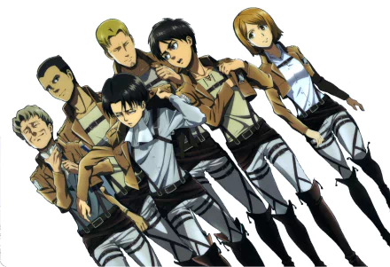 An HD desktop wallpaper featuring characters Eld Jinn, Gunther Schultz, Petra Ral, Oluo Bozado, Levi Ackerman, and Eren Yeager from the anime Attack on Titan, posing together in their Survey Corps uniforms.