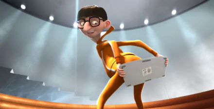 HD PC desktop wallpaper featuring Vector from the movie Despicable Me in his orange jumpsuit inside a bright, circular room.