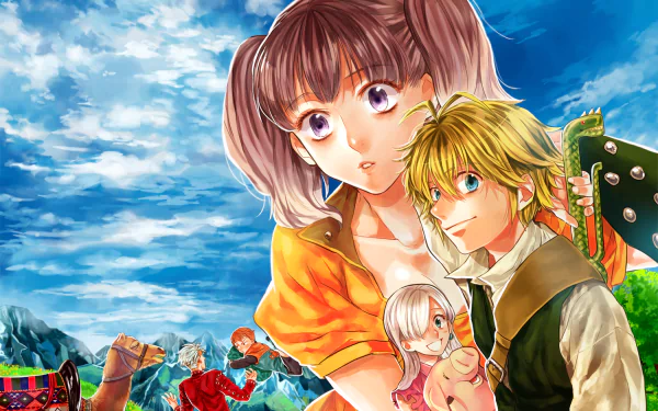 HD desktop wallpaper and background featuring characters from the anime The Seven Deadly Sins against a vibrant, scenic backdrop with a bright blue sky and lush green hills.