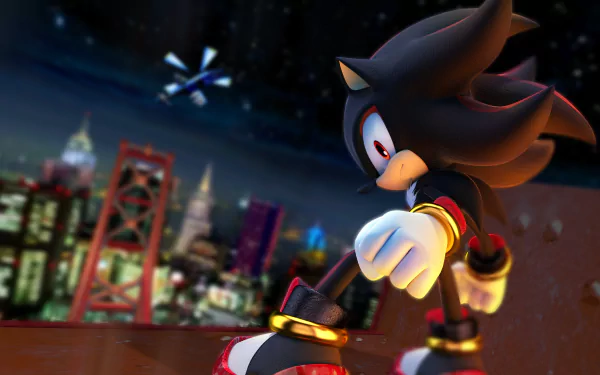 HD desktop wallpaper featuring Shadow the Hedgehog from the video game series, standing on a rooftop with a cityscape and a helicopter in the night sky background.