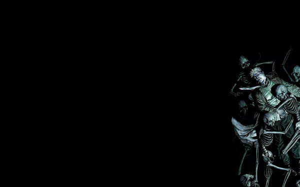 Hellblazer comic HD PC desktop wallpaper: John Constantine beside a cluster of pale skeletons on the right against a deep black background.