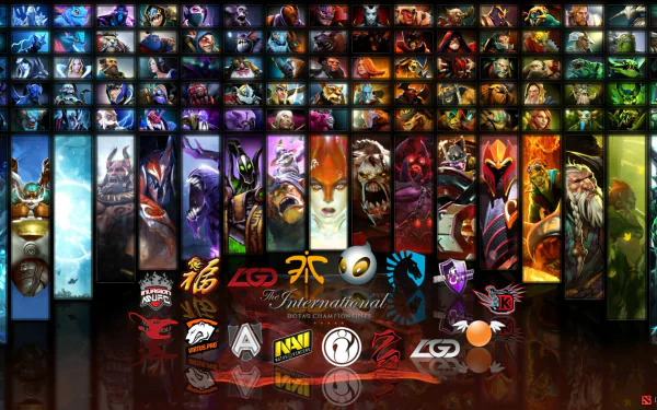 A vibrant HD desktop wallpaper showcasing characters and team logos from DotA 2, featuring a striking arrangement of heroes and the International tournament branding.