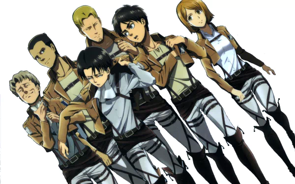 An HD desktop wallpaper featuring characters Eld Jinn, Gunther Schultz, Petra Ral, Oluo Bozado, Levi Ackerman, and Eren Yeager from the anime Attack on Titan, posing together in their Survey Corps uniforms.