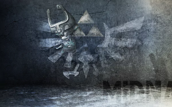 HD desktop wallpaper featuring a shadowy figure from The Legend of Zelda: Twilight Princess with iconic Triforce symbols and text.