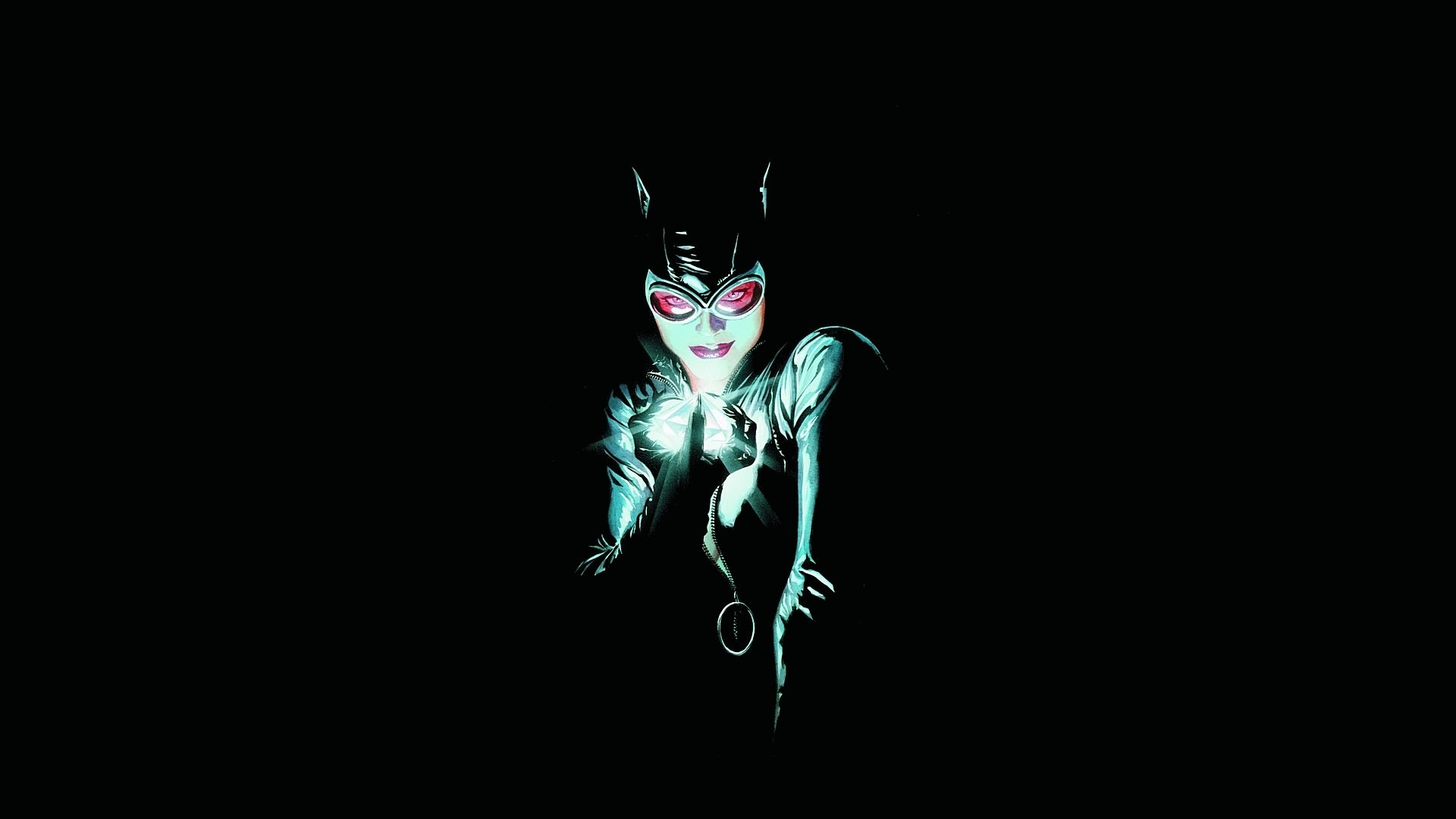 HD PC desktop wallpaper/background: comic Catwoman emerging from darkness in a black suit with teal highlights and glowing pink goggles.
