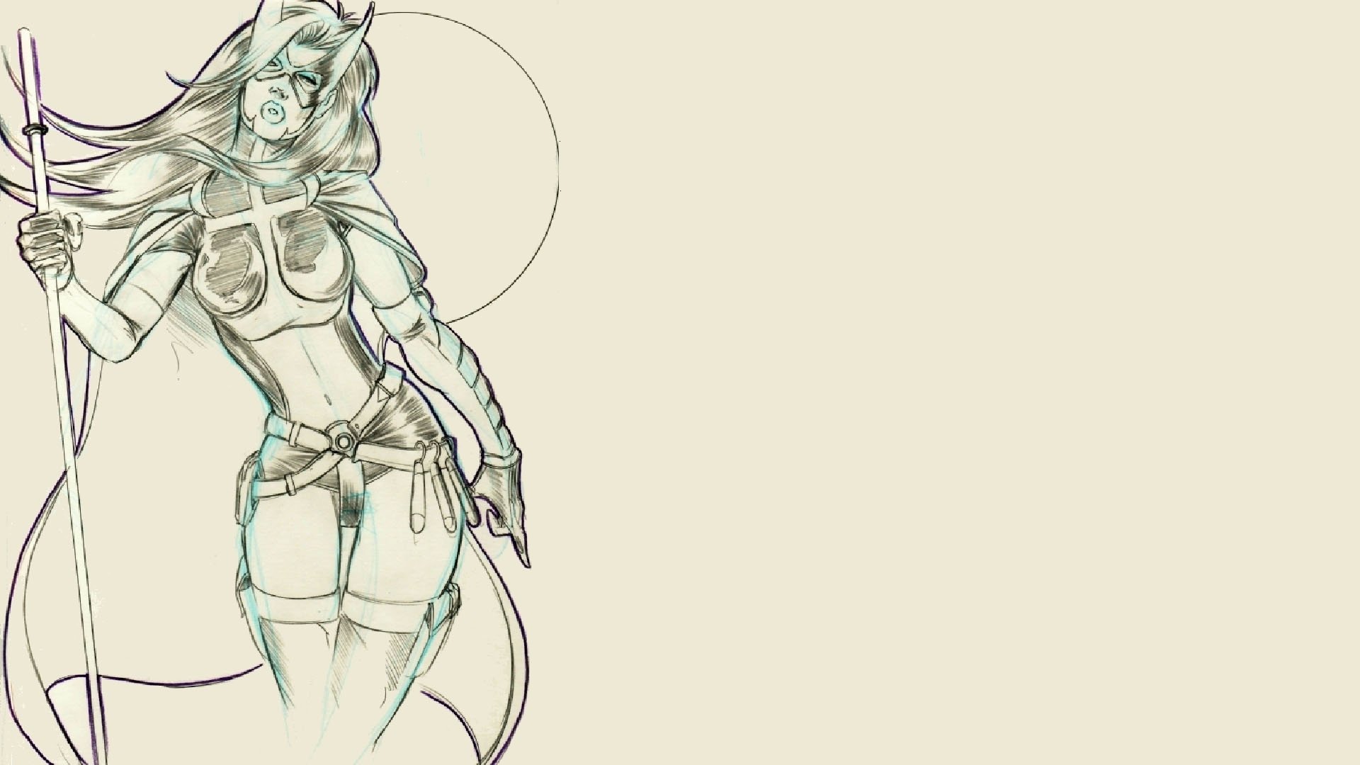 HD PC desktop wallpaper featuring Huntress from DC Comics in a dynamic hunter pose against a minimalist beige background.