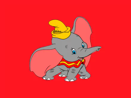 HD PC desktop wallpaper featuring Dumbo from the 1941 movie Dumbo, showcasing the iconic baby elephant with large ears and a yellow hat on a red background.