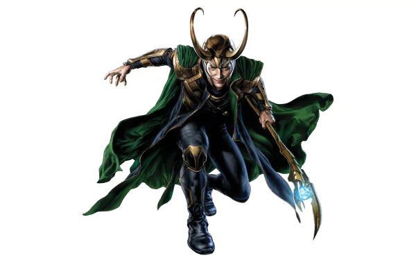 Loki, from Marvel Comics, depicted in an action pose with his signature horned helmet and green cape, serves as a striking HD wallpaper for fans of the Avengers.