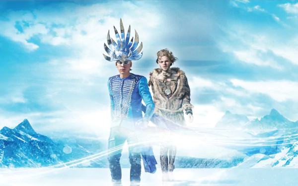 2K Quad HD PC desktop wallpaper background: two surreal, costumed figures in an icy, futuristic landscape — music art inspired by Empire Of The Sun.