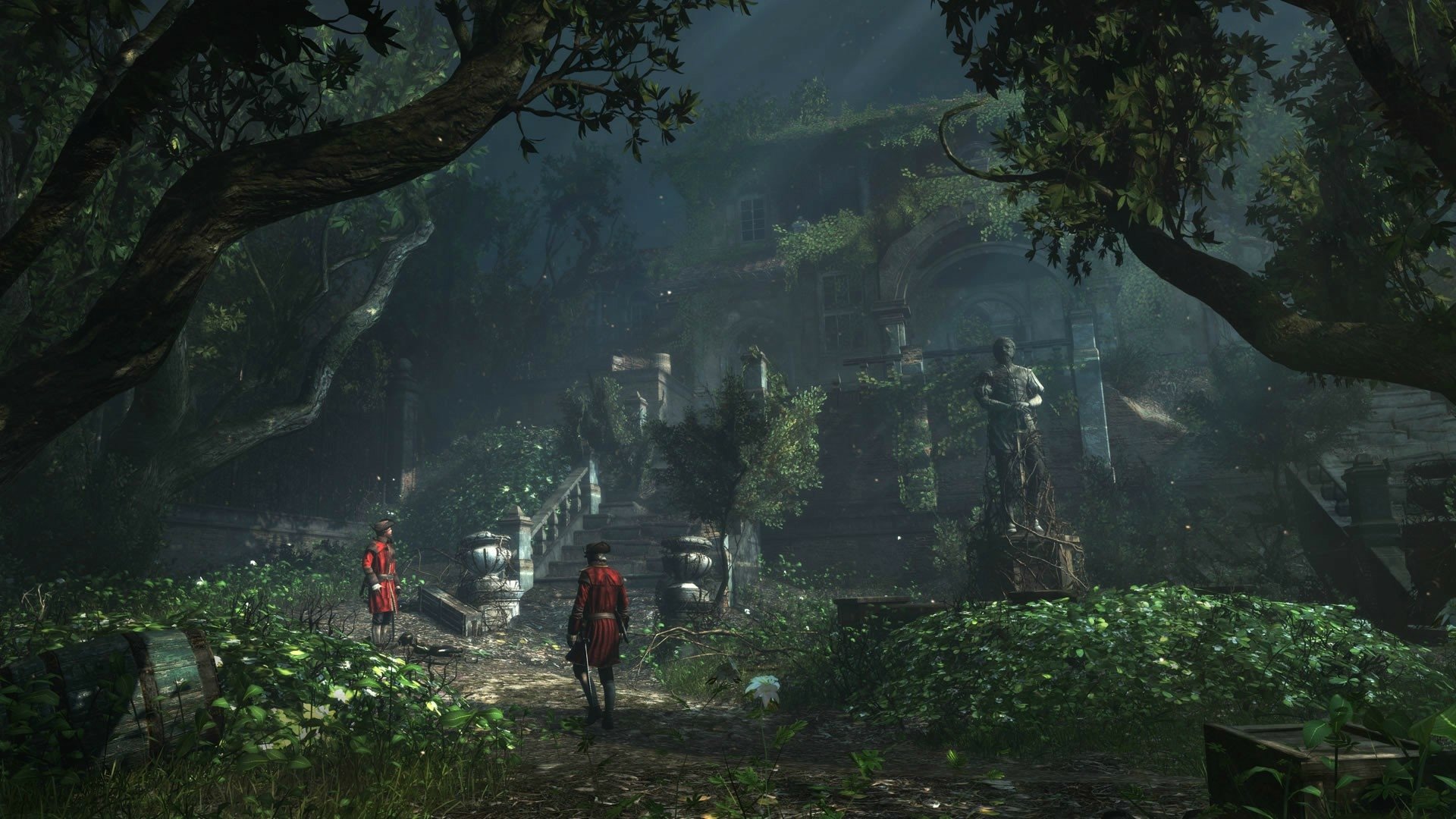 A stunning HD wallpaper from Assassin's Creed IV: Black Flag featuring two characters exploring an overgrown, mysterious landscape filled with ruins and statues.