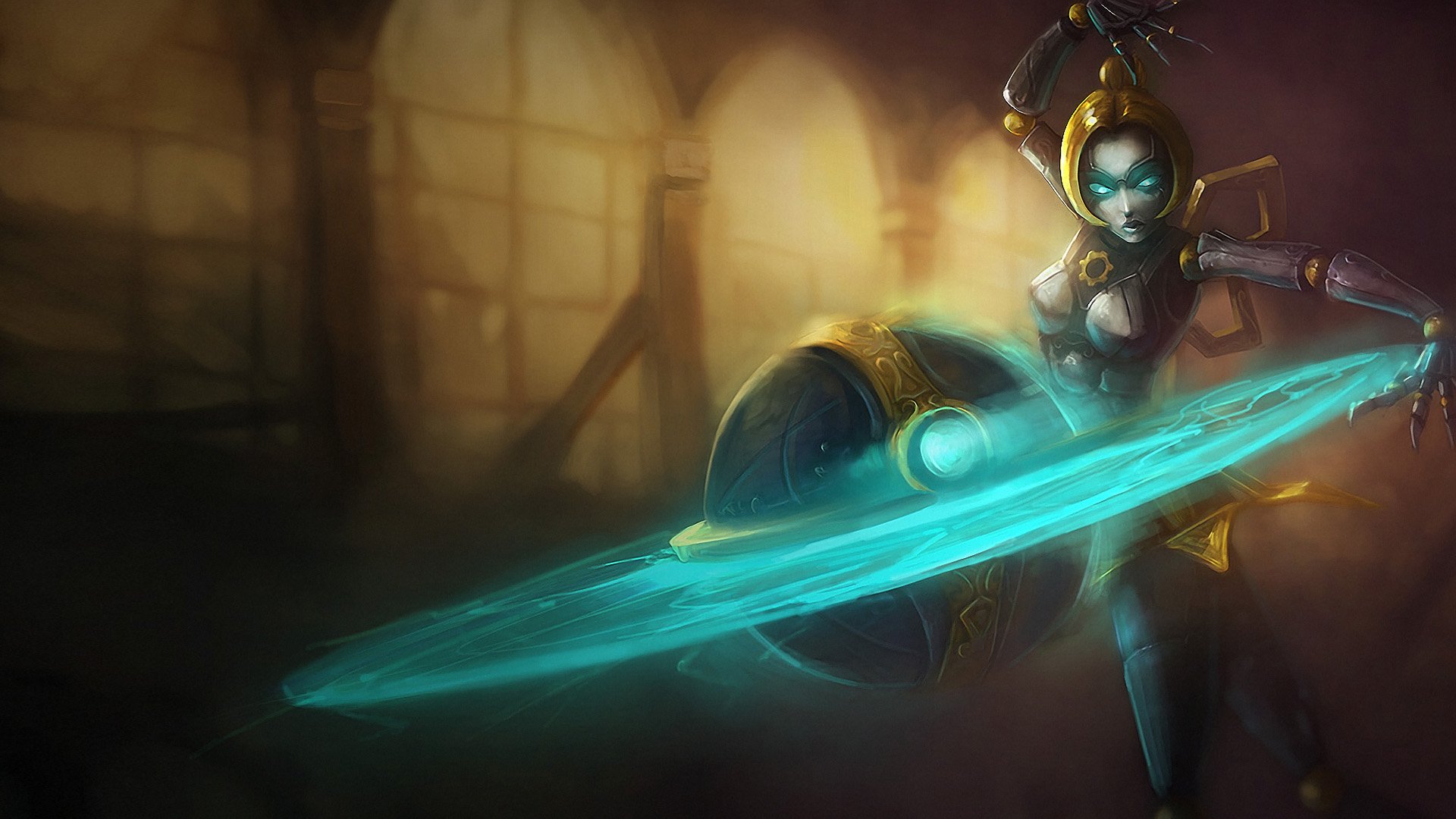 HD PC desktop wallpaper featuring Orianna from League of Legends, showcasing her robotic design and glowing blue energy in a dimly lit environment.
