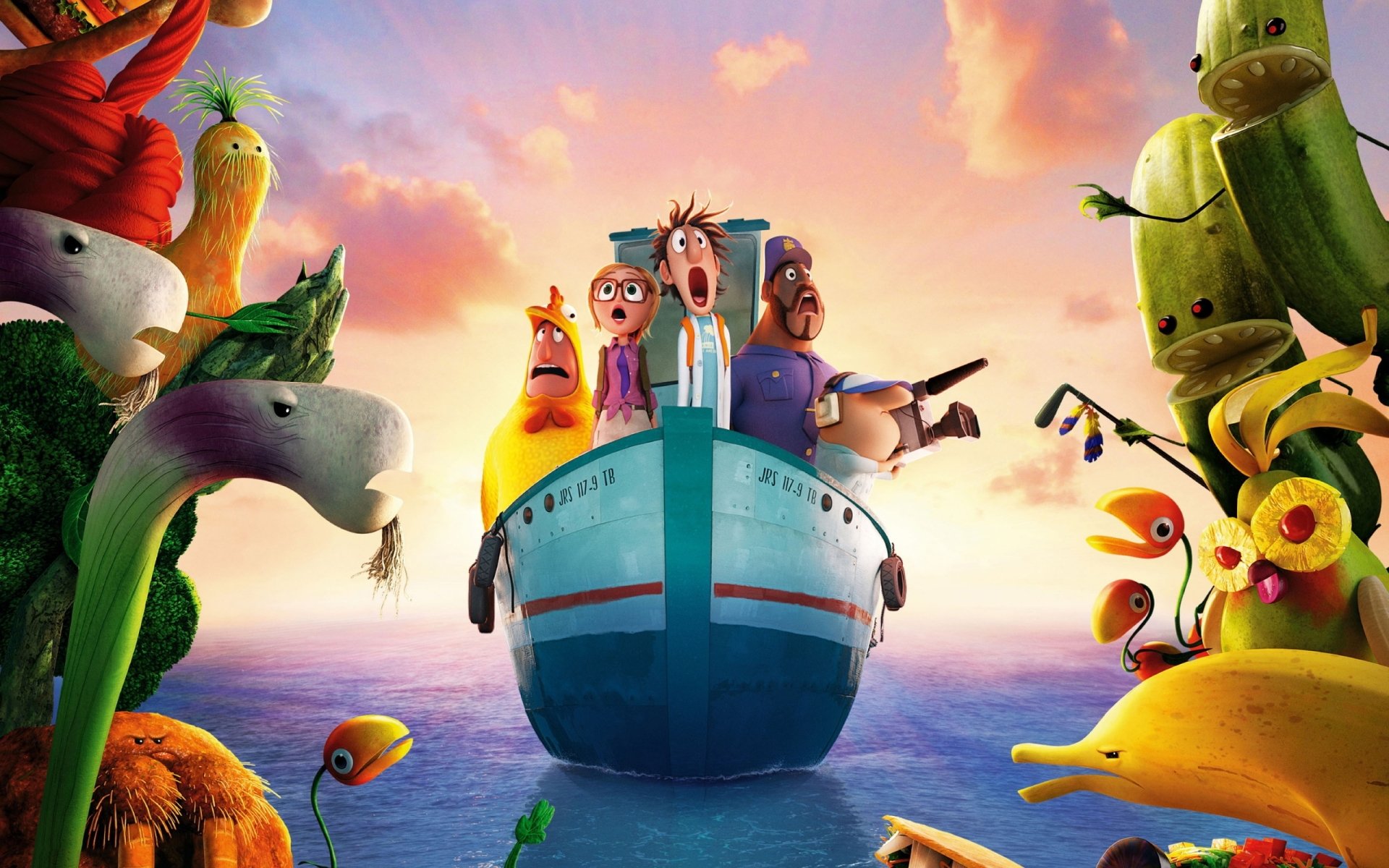 Cloudy with a Chance of Meatballs / Cloudy with a Chance of Meatballs 2 movie 2K Quad HD desktop wallpaper showing Flint and friends on a boat amid animated food creatures at sunset.