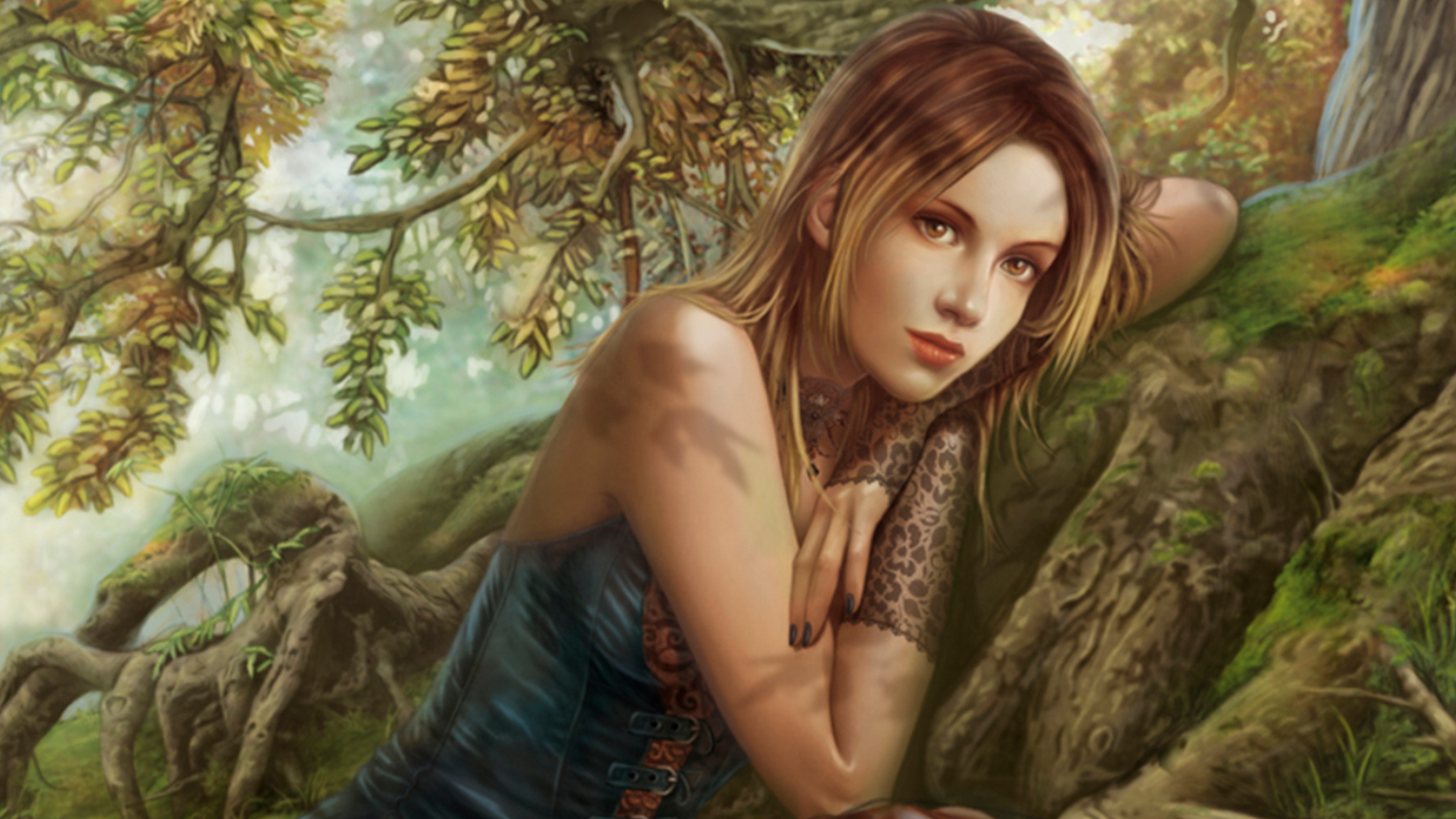 A fantasy-themed HD wallpaper featuring a blonde woman resting against a tree, surrounded by lush greenery, exuding a mystical and serene atmosphere.