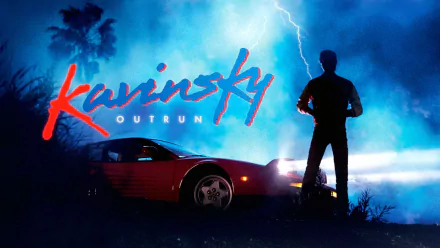 HD PC desktop wallpaper featuring Kavinsky’s Outrun theme with a silhouette, a red sports car, palm trees, and dramatic lightning in a blue-toned night setting.
