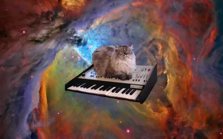 A fluffy cat sits on a piano keyboard floating against a vibrant, colorful cosmic space background in this HD desktop wallpaper.