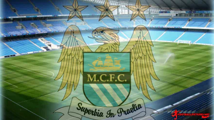 An HD desktop wallpaper featuring the Manchester City F.C. emblem overlaid on the Etihad Stadium's field, showcasing the club's identity and pride.