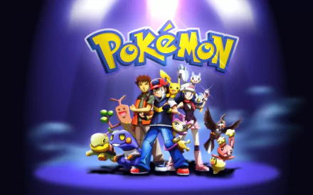 HD Pokémon desktop wallpaper featuring Ash Ketchum, Pikachu, Dawn, Brock with various Pokémon, set against a spotlight background with the Pokémon logo prominently displayed.