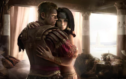 HD PC desktop wallpaper featuring a dramatic scene from the video game Total War: Rome II, depicting two characters embracing in an ancient Roman setting.