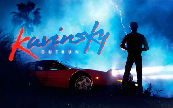 HD PC desktop wallpaper featuring Kavinsky’s Outrun theme with a silhouette, a red sports car, palm trees, and dramatic lightning in a blue-toned night setting.