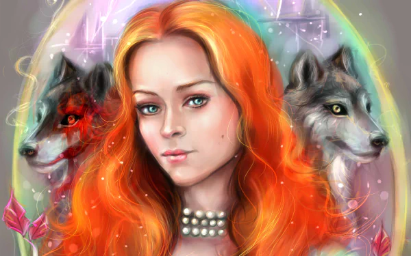 4K Ultra HD wallpaper featuring Sansa Stark from the TV show Game of Thrones, inspired by A Song of Ice and Fire, with two wolves in the background.