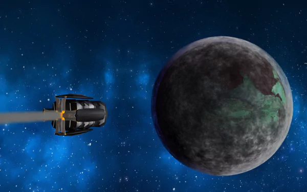 A glowing space capsule navigates through a mystic night sky, with smoke trailing behind it, as it approaches a blue-tinged planet in a captivating sci-fi setting.