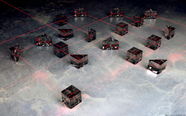 HD desktop wallpaper featuring an array of cubes outlined by red lasers on a smoky surface.