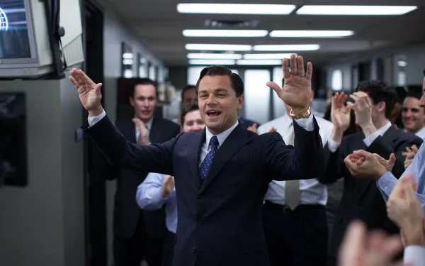 Leonardo DiCaprio as Jordan Belfort in The Wolf of Wall Street celebrating with colleagues, HD wallpaper.