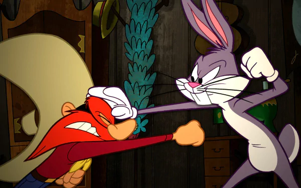 HD desktop wallpaper featuring Yosemite Sam and Bugs Bunny from The Looney Tunes Show, humorously engaged in a playful fight.