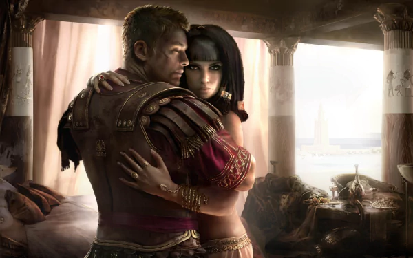 HD PC desktop wallpaper featuring a dramatic scene from the video game Total War: Rome II, depicting two characters embracing in an ancient Roman setting.