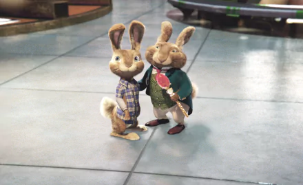 HD PC desktop wallpaper featuring two animated Easter Bunnies from the movie Hop standing together on a shiny floor, one holding a lollipop.