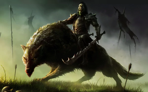 4K Ultra HD World of Warcraft wallpaper featuring a warrior in armor riding a fierce wolf-like beast in a dark, misty battlefield setting.