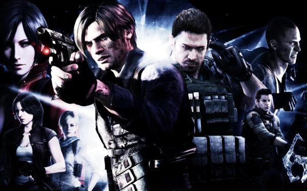 High-definition wallpaper featuring characters from Resident Evil 6, showcasing intense action and a dramatic backdrop with prominent figures ready for battle.