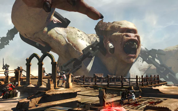 8K Ultra HD PC desktop wallpaper/background from God Of War: Ascension — a towering cyclops roars over a shattered sea platform as warriors clash beneath a stormy sky