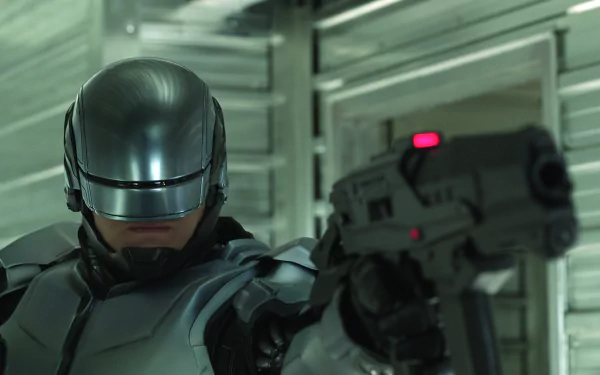 HD PC desktop wallpaper featuring RoboCop from the 2014 RoboCop movie, showing the armored character aiming a futuristic handgun in a metallic corridor.
